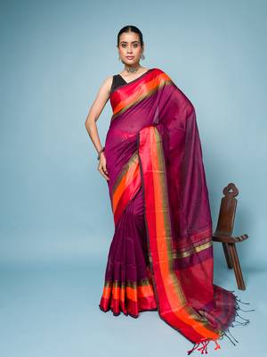 Magenta Colour Saree With Red, Orange and Golden Border 1