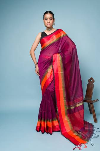 Magenta Colour Saree With Red, Orange and Golden Border