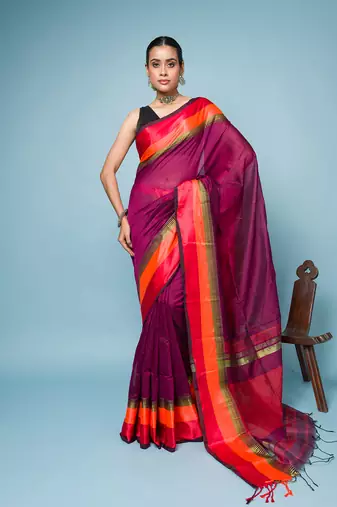Magenta Colour Saree With Red, Orange and Golden Border
