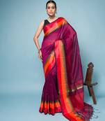 Magenta Colour Saree With Red, Orange and Golden Border