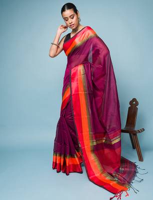 Magenta Colour Saree With Red, Orange and Golden Border 3