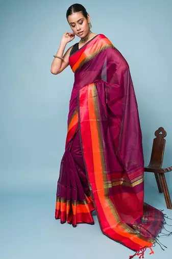 Magenta Colour Saree With Red, Orange and Golden Border