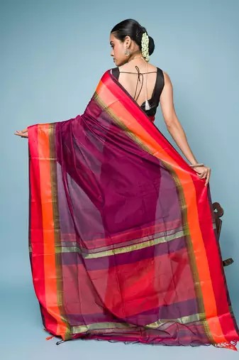 Magenta Colour Saree With Red, Orange and Golden Border