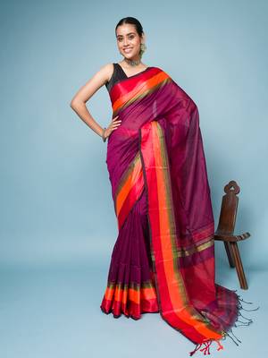 Magenta Colour Saree With Red, Orange and Golden Border 5