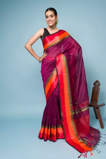 Magenta Colour Saree With Red, Orange and Golden Border