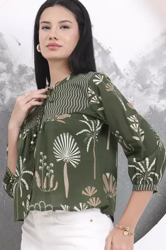 green cotton three quarter puffed sleeves top