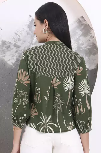 green cotton three quarter puffed sleeves top