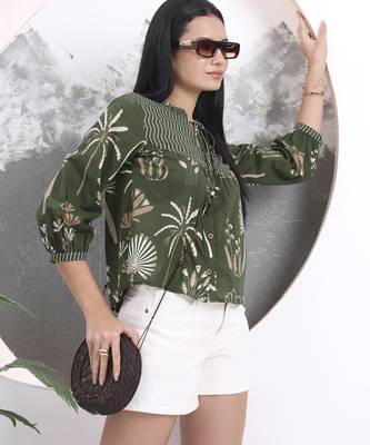 green cotton three quarter puffed sleeves top 5