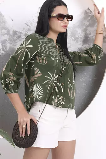 green cotton three quarter puffed sleeves top