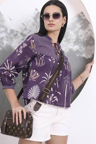 Yufta purple cotton three quarter puffed sleeves top