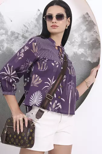 Yufta purple cotton three quarter puffed sleeves top