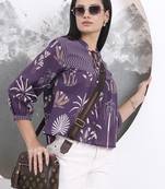 purple cotton three quarter puffed sleeves top