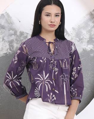 purple cotton three quarter puffed sleeves top 2
