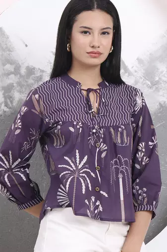 purple cotton three quarter puffed sleeves top