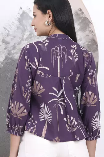 purple cotton three quarter puffed sleeves top