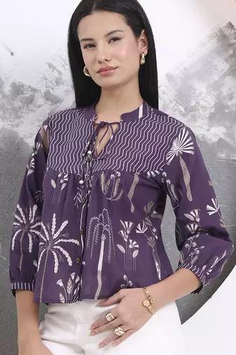 purple cotton three quarter puffed sleeves top