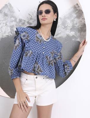 blue cotton gathered or pleated top 1