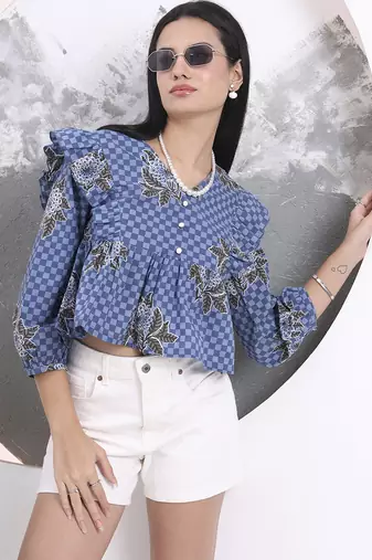 blue cotton gathered or pleated top