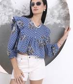 blue cotton gathered or pleated top