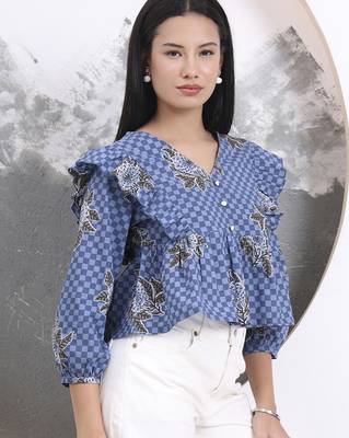 blue cotton gathered or pleated top 2