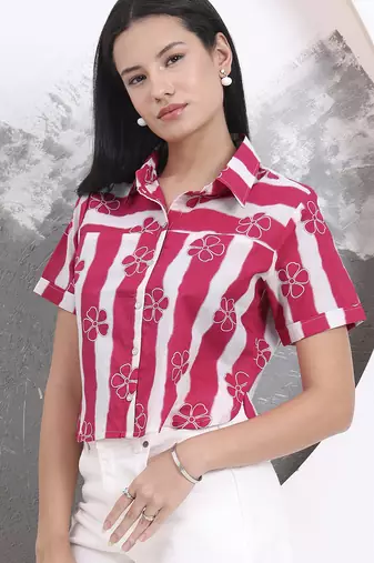 pink striped and floral print shirt style top