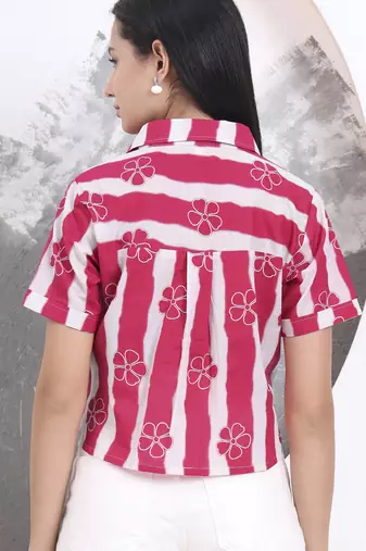 pink striped and floral print shirt style top