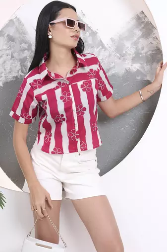 pink striped and floral print shirt style top