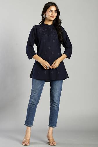 navy blue regular style top design embroidered