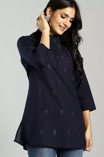 navy blue regular style top design embroidered