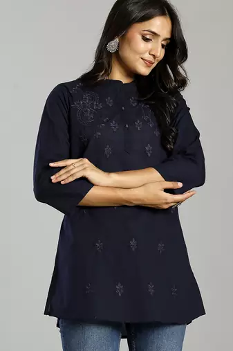 navy blue regular style top design embroidered