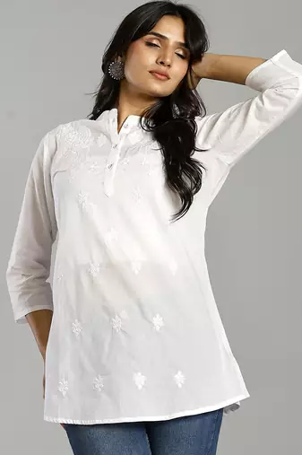 white regular style top design embroidered
