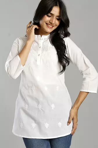 white regular style top design embroidered