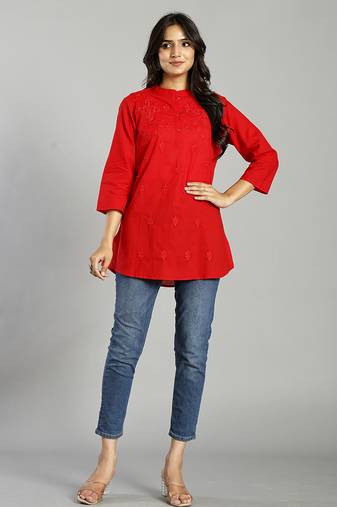 Yufta red regular style top design embroidered