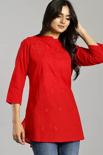 red regular style top design embroidered