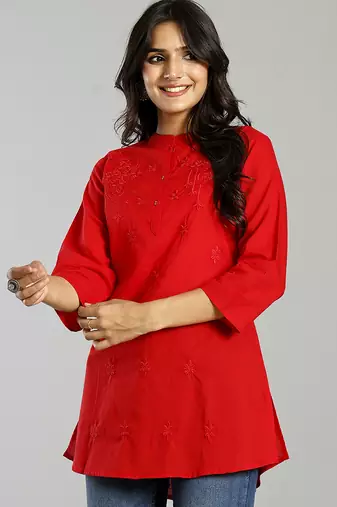 red regular style top design embroidered