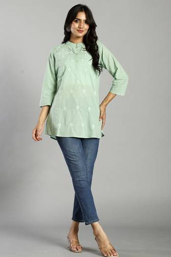 Yufta sea green regular style top design embroidered