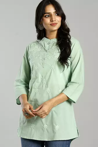 sea green regular style top design embroidered