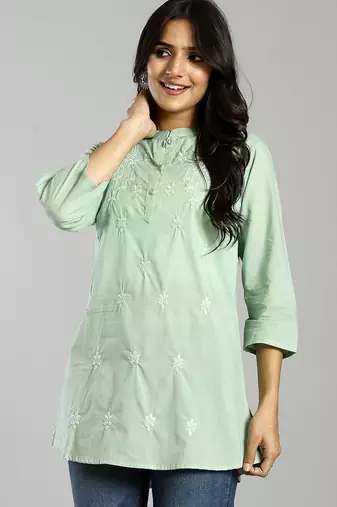 sea green regular style top design embroidered