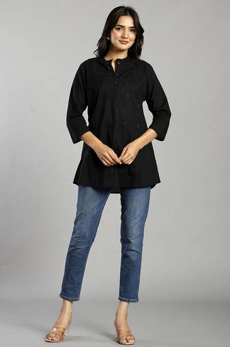 Yufta black regular style top design embroidered