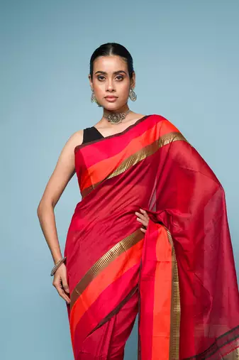 Red Cotton Blended Saree With Red, Orange and Golden Border