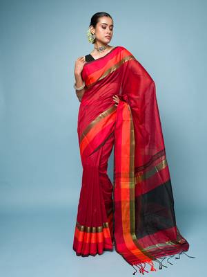 Red Cotton Blended Saree With Red, Orange and Golden Border 1