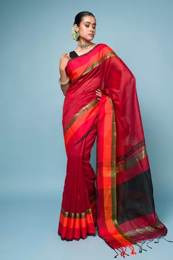 Red Cotton Blended Saree With Red, Orange and Golden Border