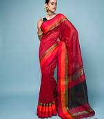Red Cotton Blended Saree With Red, Orange and Golden Border