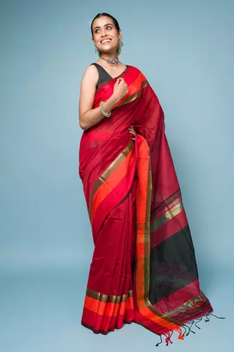 Red Cotton Blended Saree With Red, Orange and Golden Border