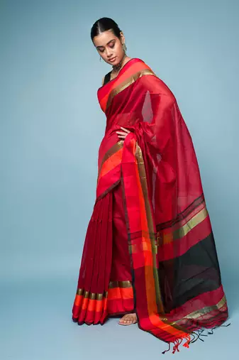Red Cotton Blended Saree With Red, Orange and Golden Border