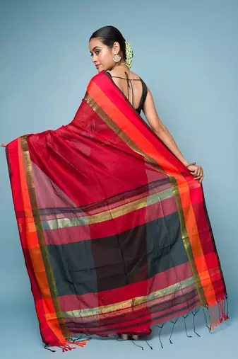 Red Cotton Blended Saree With Red, Orange and Golden Border