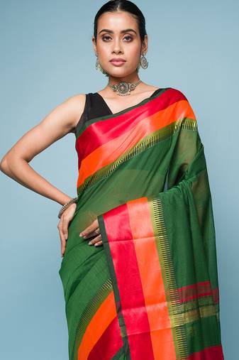 Green cotton blended saree with red and orange border