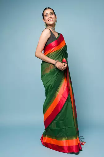 Green cotton blended saree with red and orange border