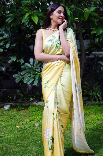 Lemon yellow japan devsena satin saree japan satin digital print blouse
