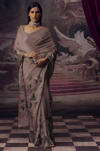 Grey japan devsena satin saree japan satin digital print blouse